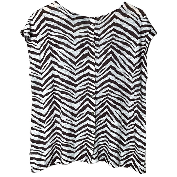 TAHARI 100% Linen Brown / Cream Zebra Print Cap Sleeve Tee Back Button Detail XL - Picture 3 of 8